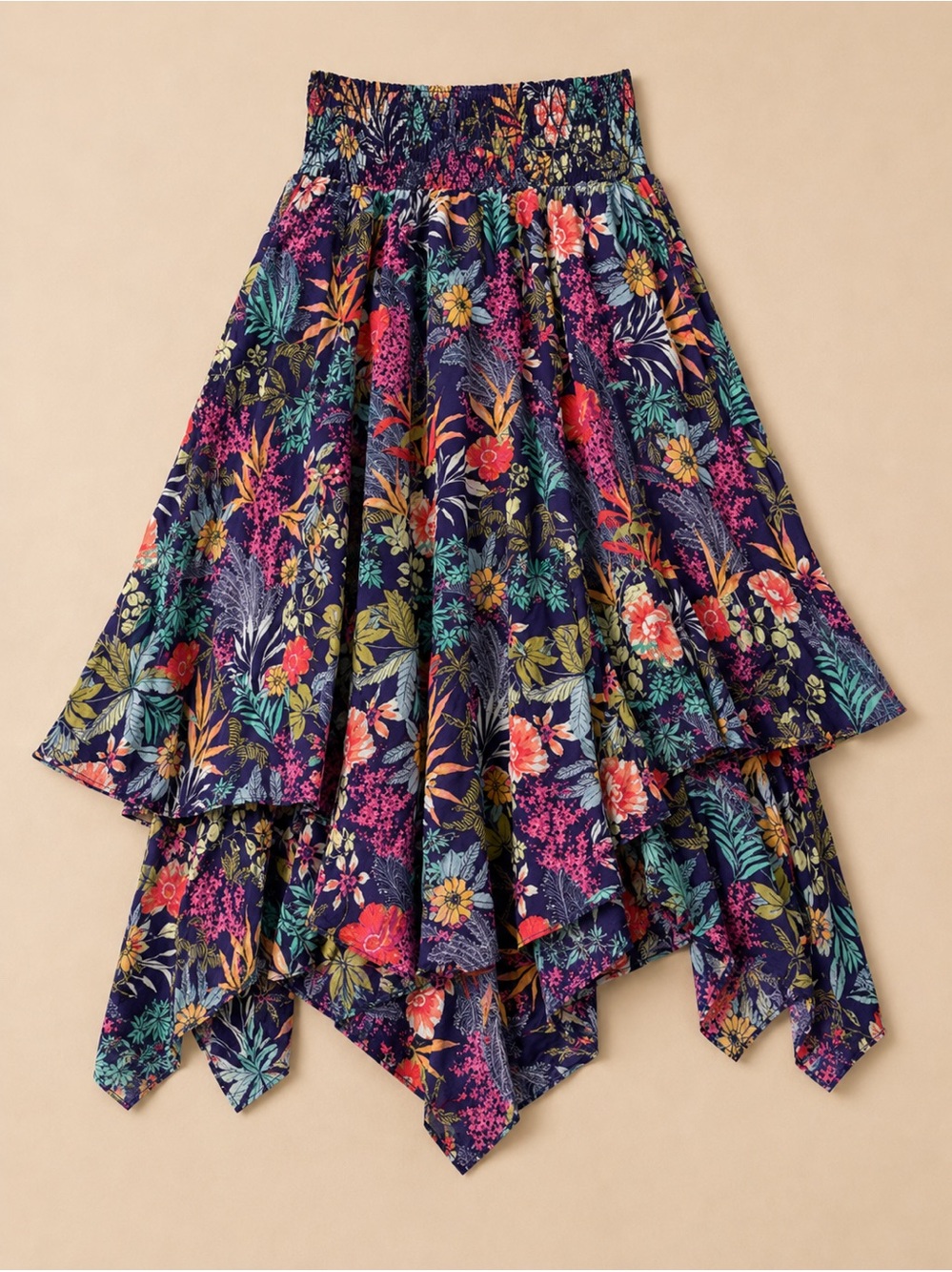 Free People Purple Floral Handkerchief Hem Smocked Asymmetrical Cotton Skirt M - Picture 3 of 17